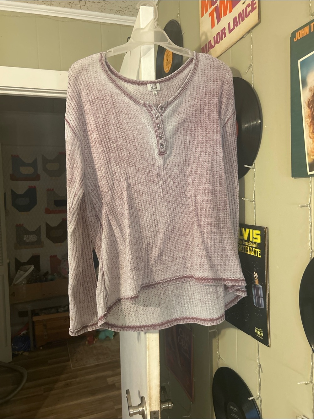 True Craft Lavender Waffle Henley Long Sleeve Top